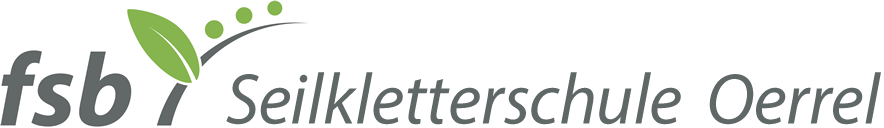Logo der fsb Seilkletterschule Oerrel mit einem grünen Blatt und drei grünen Punkten, die einen Bogen über dem Text bilden. Der Text ist in einer modernen, grauen Schriftart gehalten.