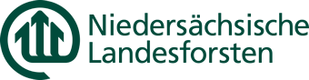 Logo der Niedersächsischen Landesforsten mit drei stilisierten Bäumen in einem Kreis auf der linken Seite und dem Namen der Organisation in deutscher Sprache in grüner Schrift auf der rechten Seite.