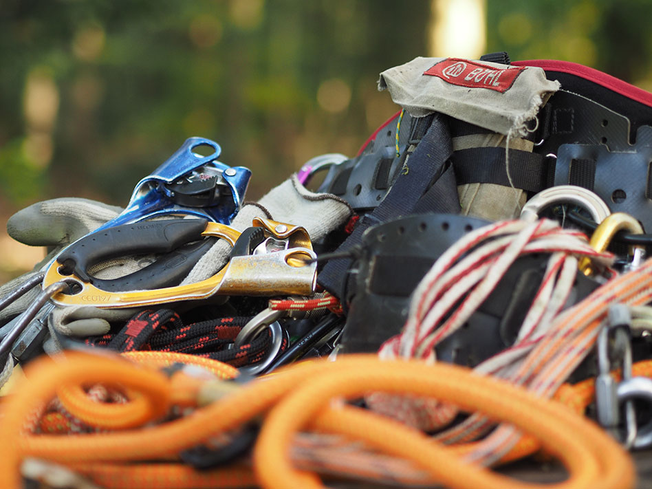 Eine Nahaufnahme von Kletterausrüstung, einschließlich Seilen, Karabinern, Handschuhen, Klettergurten und Sicherungsgeräten, vor einem unscharfen Outdoor-Hintergrund - perfekt für Ihr nächstes Seilkletterausbildungs-Abenteuer.