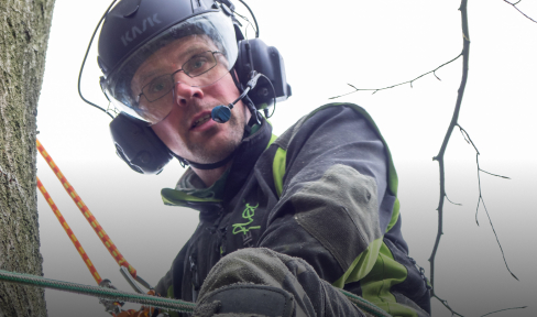 Eine Person, die eine Sicherheitsausrüstung mit Helm, Visier und Headset trägt, blickt beim Klettern oder Arbeiten in der Nähe eines Baumes nach unten, wobei im Hintergrund Seile und Äste zu sehen sind.
